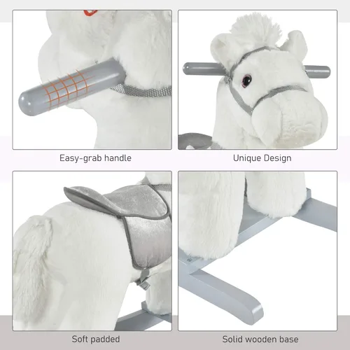 Miniatura 8 de Qaba Caballo Mecedor Montable de Peluche para Niños con Juguete de Oso, Silla para Niños con Juguete de Peluche Suave y Divertidos Sonidos Blanco