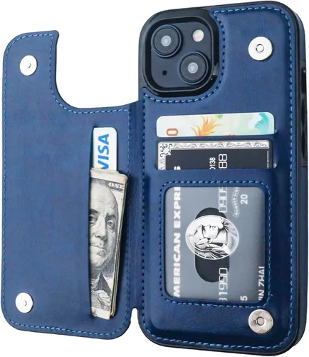 ONETOP - Funda tipo cartera compatible con iPhone 15 con soporte para tarjetas, funda de piel sintética con ranuras para tarjetas, doble cierre Azul