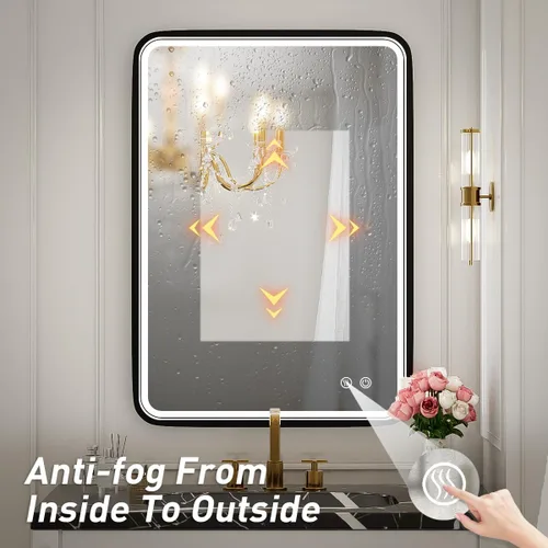 Miniatura 5 de Espejo de baño LED de 20 x 28 pulgadas con luces, marco de metal negro, espejo de tocador iluminado para pared, espejo LED regulable de 3000 K/4500
