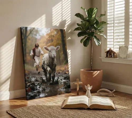 Miniatura 3 de Lienzo de Jesús corriendo tras cordero perdido, arte de pared de Jesús y cordero, póster de buen pastor cristiano, arte impreso para sala de Oveja