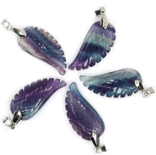 Miniatura 4 de Collares con colgante de ala de ángel tallada a mano con fluorita arcoíris natural, 18 pulgadas