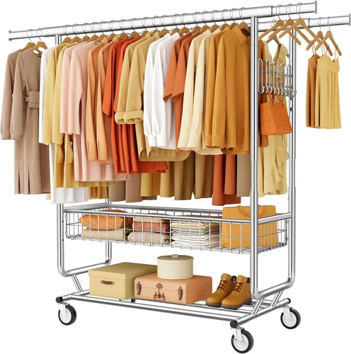 Miniatura 14 de Gewudraw Perchero resistente para ropa con capacidad de carga de 240 kg, estante de ropa de metal con ruedas y estantes resistentes, perchero Plata