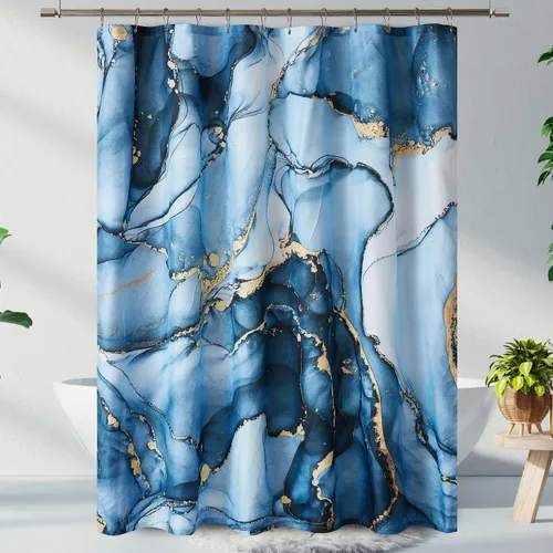 Juego de cortinas de ducha de mármol azul dorado, cortinas de ducha abstractas de mármol para decoración de baño con 12 ganchos de metal, accesorios