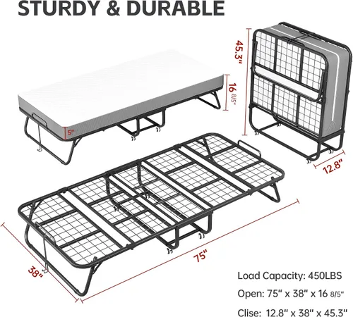 Miniatura 9 de INTERGREAT Cama plegable, cama portátil de tamaño individual de 75 x 38 pulgadas para adultos, camas plegables de metal para huéspedes con ruedas