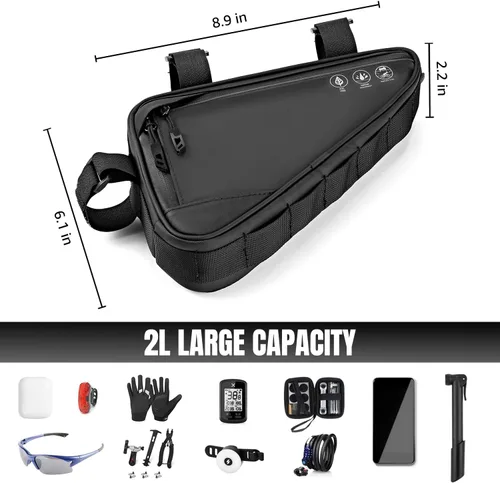 Miniatura 7 de Bolsa de almacenamiento para cuadro de bicicleta WOTOW, bolsa triangular reflectante resistente al agua con dos bolsillos laterales, bolsa