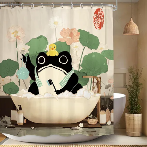 Miniatura 12 de Cortina de Ducha Divertida de Rana Juego de Baño 48 Pulgadas de Ancho x 71 Pulgadas de Alto Lindo Animal Retro Tomando Ducha Patito de Goma