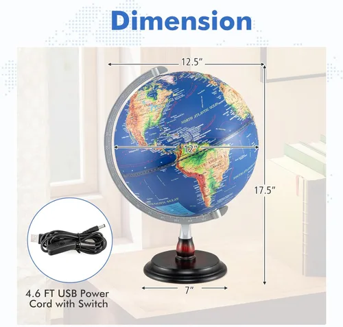 Miniatura 6 de Goplus Globo del mundo iluminado de 12 pulgadas, lámpara de noche giratoria antigua con soporte de madera, decoración de escritorio educativa