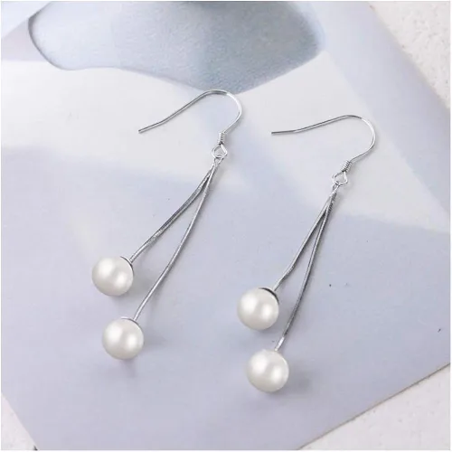 Miniatura 3 de Plata de ley con perlas de agua dulce aretes colgantes con borlas aretes de aro colgantes de cadena larga aretes de gancho de cadena larga aretes