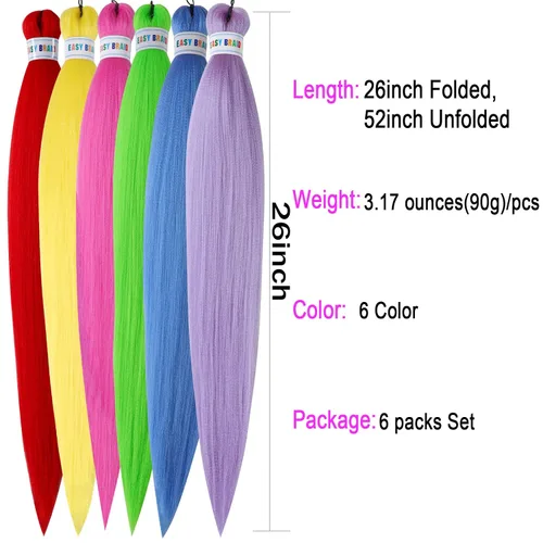 Miniatura 2 de Ms Aloe Cabello trenzado colorido preestirado, pelo trenzado multicolor, pelo trenzado suave sin nudos, 26 pulgadas, paquete de 6 unidades, cabello
