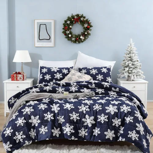 JANZAA Juego de edredón de Navidad tamaño Queen, color azul marino, tamaño Queen con copos de nieve blancos, estereoscópico, juego de ropa de cama