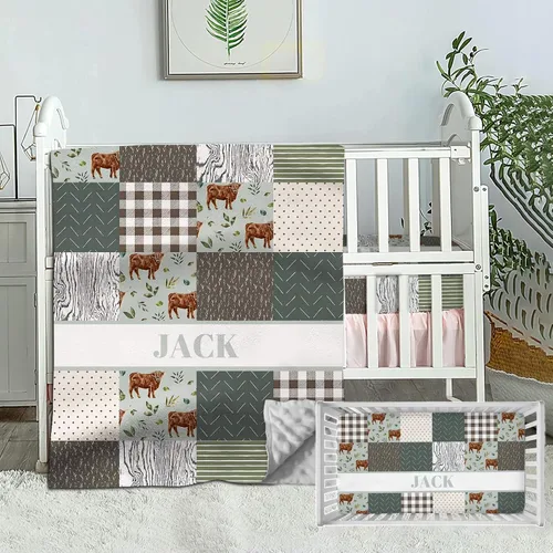 Juego de cama personalizado para bebé, edredón para cuna con nombre personalizado y sábana bajera para niños y niñas, color verde vaca de tierra