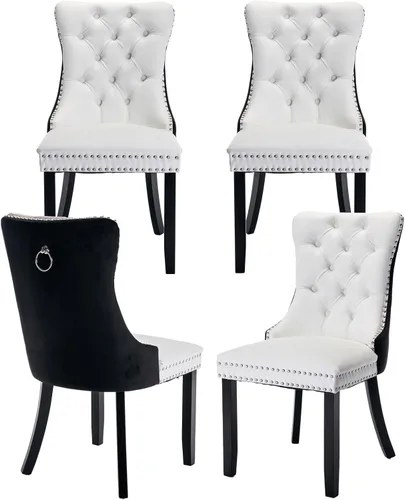 Miniatura 66 de Juego de 2 sillas de comedor de terciopelo, silla de comedor tapizada de alta gama con tirador de anillo en la espalda, adorno de clavos y patas