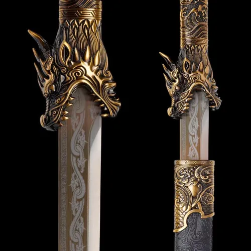 Miniatura 3 de Hoja de acero al carbono recta hecha a mano con patrón fresco chino Tang Dao Dragon Sword Dorado