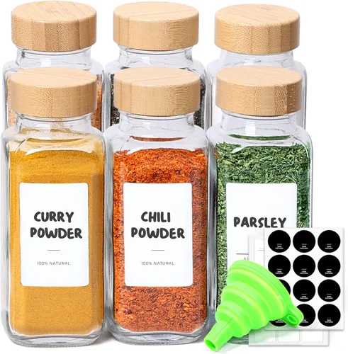 ComSaf 8 oz 6 piezas de tarros de especias de vidrio con etiqueta, recipientes de especias vacíos con tapas de bambú, recipientes de condimento