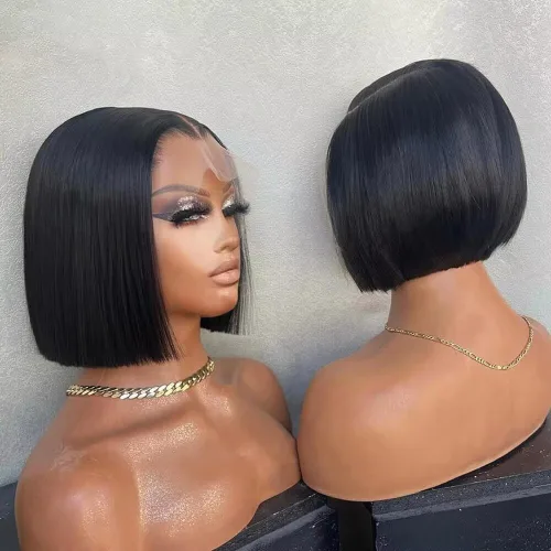 Match All Skin Blunt Cut Bob Glueless Lace Wig Pre Plucked Natural Baby Hair Short Bob Bone Straight 13X4 HD Invisible Lace Wig Braizilian Human