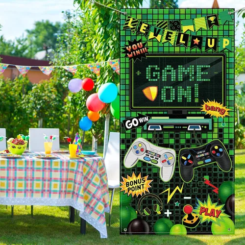 Miniatura 5 de Blulu Juego en telón de fondo de video juego para niños, decoración de fiesta de cumpleaños, juegos de decoración de 72 x 36 pies, neón