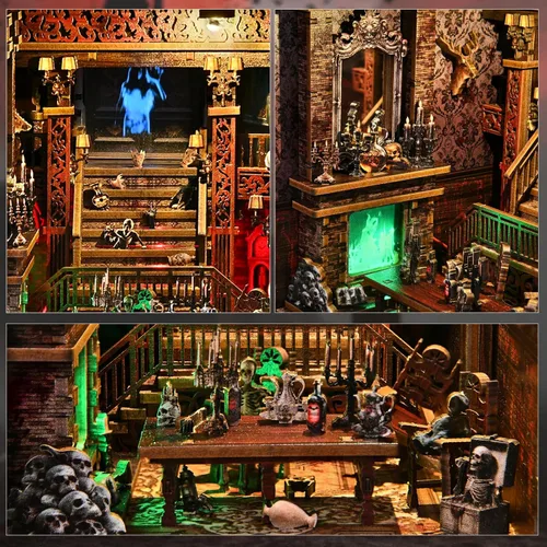 Miniatura 5 de Kit de Rincón de Libro Espeluznante DIY, Casa de Muñecas en Miniatura Rompecabezas 3D de Halloween, Rompecabezas de Madera 3D de Terror Aterrador