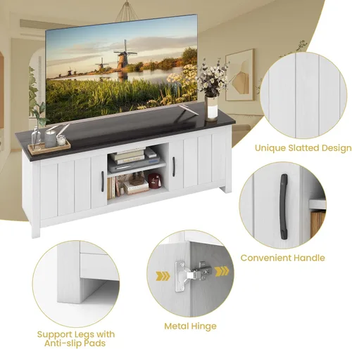 Miniatura 9 de Tangkula Soporte de TV de 2 puertas para televisores de hasta 65 pulgadas, mesa consola de TV de 57 pulgadas con 2 gabinetes y estantes abiertos