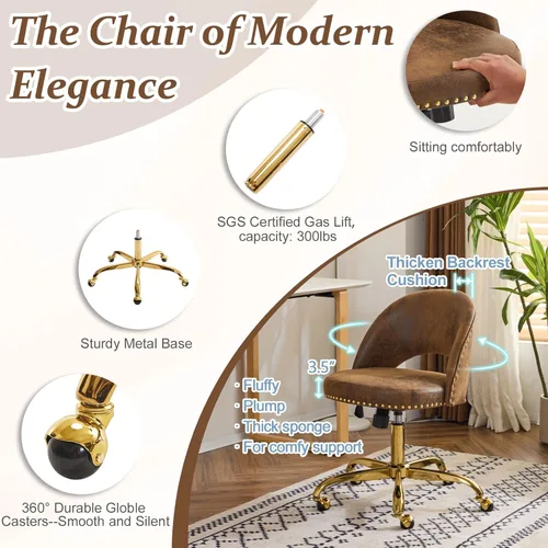Miniatura 4 de VINGLI Silla de Oficina Pequeña de Terciopelo Moderno, Linda Silla de Escritorio con Ruedas, Base/Tachuelas Doradas, Cómoda Silla Giratoria sin