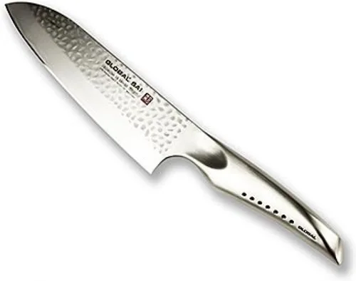 Global SAI - Cuchillo Santoku de 7 1/2 pulgadas, acero inoxidable japonés ligero, borde afilado, hoja martillada a mano, soporte para pulgar,