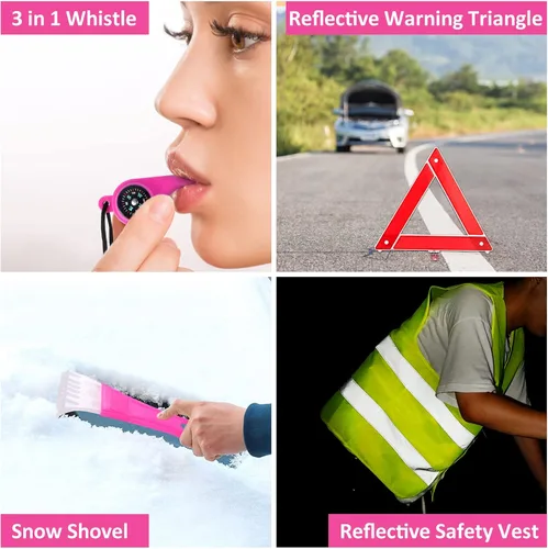 Miniatura 7 de Kit de Emergencia en Carretera para Automóvil - Kit de Emergencia de Asistencia en Carretera Rosa con Cables Puente, Juego de Herramientas