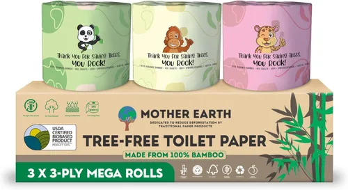 MOTHER EARTH Papel higiénico de bambú, ultra suave y fuerte, papel de baño de 3 capas, 400 hojas por rollo, hipoalergénico y seguro para sépticos,