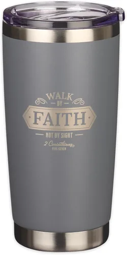Christian Art Gifts - Vaso de viaje de acero inoxidable de 18 oz con doble pared aislante al vacío con versículo bíblico, gris, con tapa retráctil