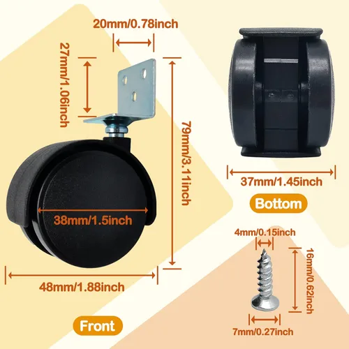 Miniatura 2 de Ruedas en forma de L de 1.5 pulgadas, ruedas giratorias roscadas sin freno, ruedas de goma silenciosas, rotación de 360 grados, color negro, 8 en un