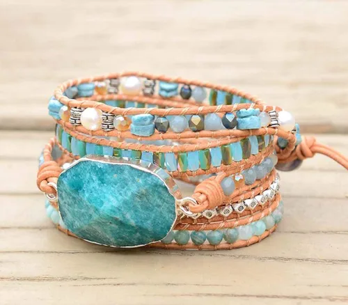 Miniatura 120 de ZOSOJONA - Pulseras bohemias hechas a mano de piedra natural, que dan vuelta, con cuentas de cristal de turquesa