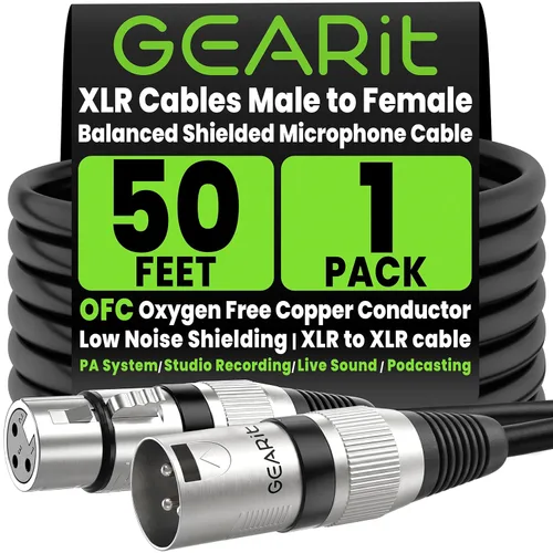 GEARit XLR - Cable de micrófono macho a hembra (50 pies), mezclador blindado equilibrado de 3 pines, estudio de grabación, podcast, negro, 50 pies