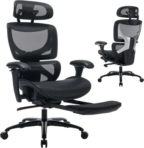 COLAMY Silla de oficina ergonómica de malla con reposapiés, silla ejecutiva de escritorio de computadora con respaldo alto y reposacabezas anchos y