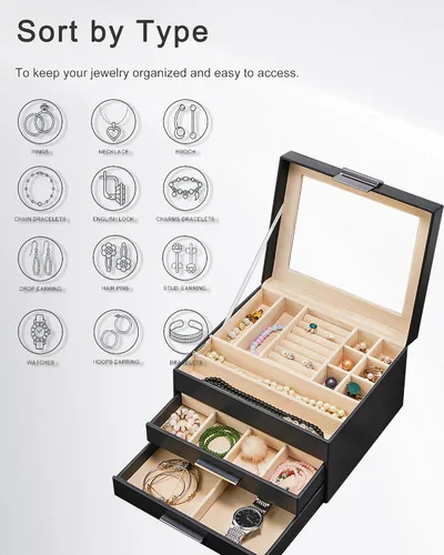 Miniatura 4 de Joyero con parte superior transparente, organizador grande de 3 capas para mujeres, aretes, anillos, collares, organizador de almacenamiento
