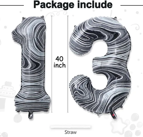 Miniatura 3 de Globos gigantes de papel de aluminio de mármol negro de 40 pulgadas, globos gigantes de helio del número 13 o 31 para decoraciones de cumpleaños