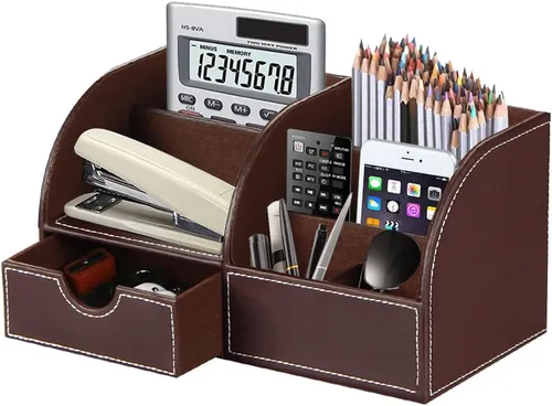 Organizador de escritorio, organizador de escritorio de piel sintética y accesorios, suministros de oficina, almacenamiento multifuncional con 6