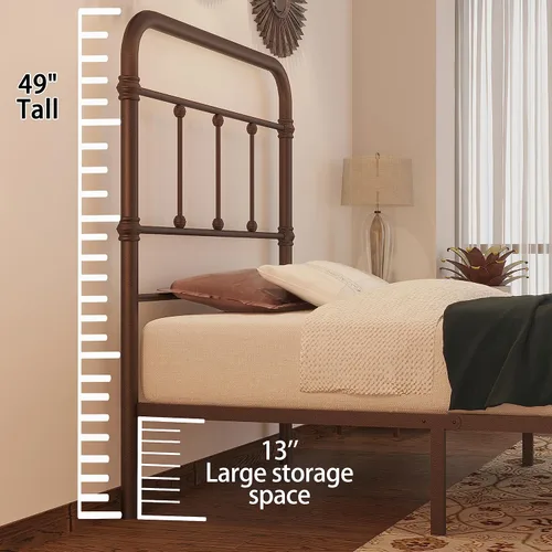 Miniatura 5 de Marco para cama individual, estilo vintage, granja, 49 pulgadas de alto, de hierro, base de colchón con plataforma, no necesita somier