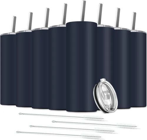 Miniatura 13 de Paquete de 6 vasos delgados de acero inoxidable, vaso de agua de doble aislamiento de 20 onzas con 6 popotes y 3 cepillos, taza de viaje al vacío
