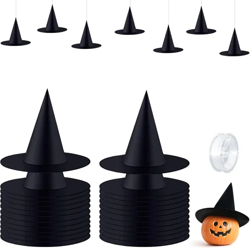 Miniatura 10 de ZeeDix 8 sombreros de bruja de Halloween para colgar en interiores, sombrero de bruja flotante negro con cuerda colgante de 98 pies, accesorios