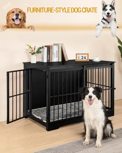 Miniatura 7 de Hzuaneri Mueble XL grande para perros, muebles de interior para perreras de 44.1 pulgadas con puerta de granero, jaula alta de madera para perros