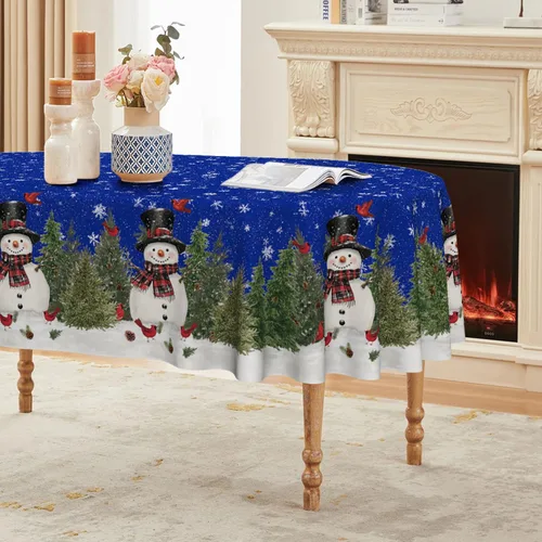 Miniatura 11 de Horaldaily - Mantel de Navidad rectangular de 52x70 pulgadas, diseño de muñeco de nieve y árboles azules, mantel lavable de temporada
