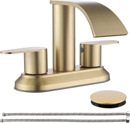 Grifo central de baño de 4 pulgadas, oro cepillado, acero inoxidable dorado con líneas de suministro cUPC, grifo de lavabo de 2 manijas con tapón de