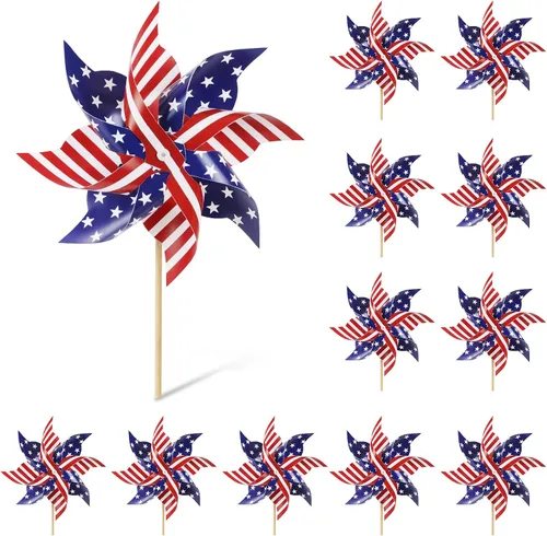 HOOSUN 12 piezas de molinillos patrióticos con bandera americana para patio y jardín, molinillos rojos blancos y azules decorativos patrióticos,