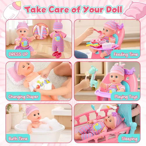 Miniatura 3 de deAO Juego de Muñecas de Bebé de 12" con Cuna, Móvil, Silla Alta, Accesorios de Alimentación, Muñecas Interactivas para Niñas, Juego de Simulación