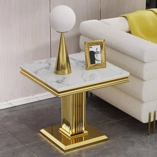Miniatura 41 de SSLine Mesa de Centro Rectangular de Mármol Sintético para Sala de Estar, Mesa Central Moderna de Mármol Blanco de Lujo con Base Doble en Forma de U