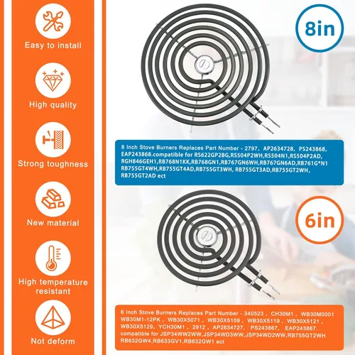 Miniatura 6 de WB30M1 WB30M2 Juego de repuesto de quemadores de estufa eléctrica de 4 paquetes, incluye 2 WB30M1 (6") y 2 WB30M2 (8") - De MIFLUS, compatible