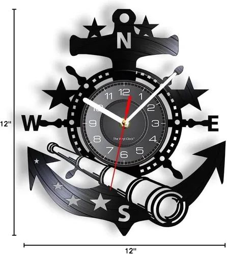 Miniatura 10 de Reloj de pared de disco de vinilo de 12 pulgadas, funciona con pilas, cuarzo silencioso, sin tictac, telescopio de anclaje de barco náutico, Sin luz