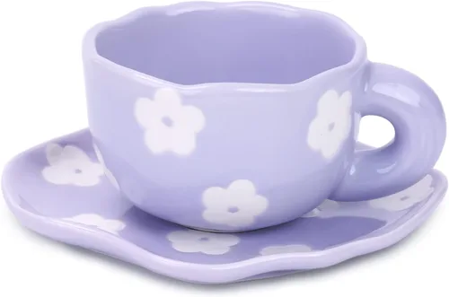 Miniatura 10 de Taza de cerámica Noviko Cloud con platillo, taza de té en forma de nube para niñas y mamá, 11 oz Cielo azul y nubes blancas