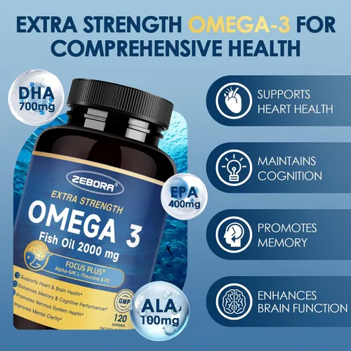 Miniatura 3 de ZEBORA Aceite de pescado Omega-3 de 2000 mg - DHA y EPA Omega 3 de alta potencia con alfa-GPC y PS para cerebro, cognición y soporte cardíaco
