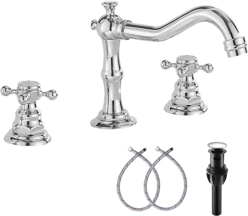 Miniatura 16 de Grifo de 2 manijas para lavabo de baño de tres agujeros, grifo de lavabo extendido, latón antiguo, grifo mezclador con manguera de suministro