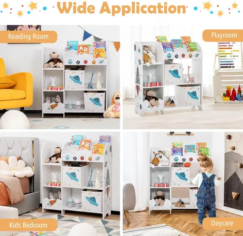 Miniatura 7 de Costzon Organizador de juguetes y libros para niños, estantería de almacenamiento de madera con 5 estantes abiertos, 2 cajas de almacenamiento y 3