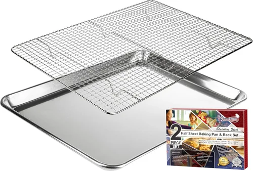 Miniatura 8 de KITCHENATICS Bandeja de aluminio para brazo de gitano de 15 x 10 pulgadas y estante de acero inoxidable, bandeja para hornear con estante